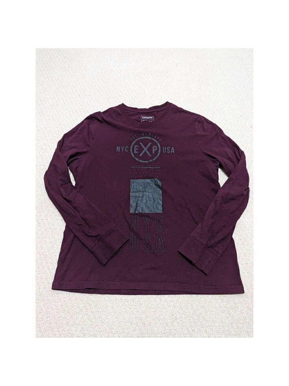 Express Men's Maroon Crew Neck Long Sleeve T-Shirt Cotton Size Large